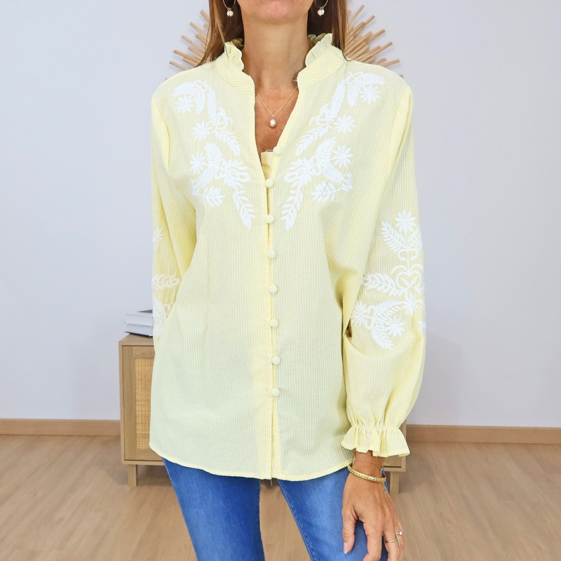 chemisier jaune rayé femme broderies florales