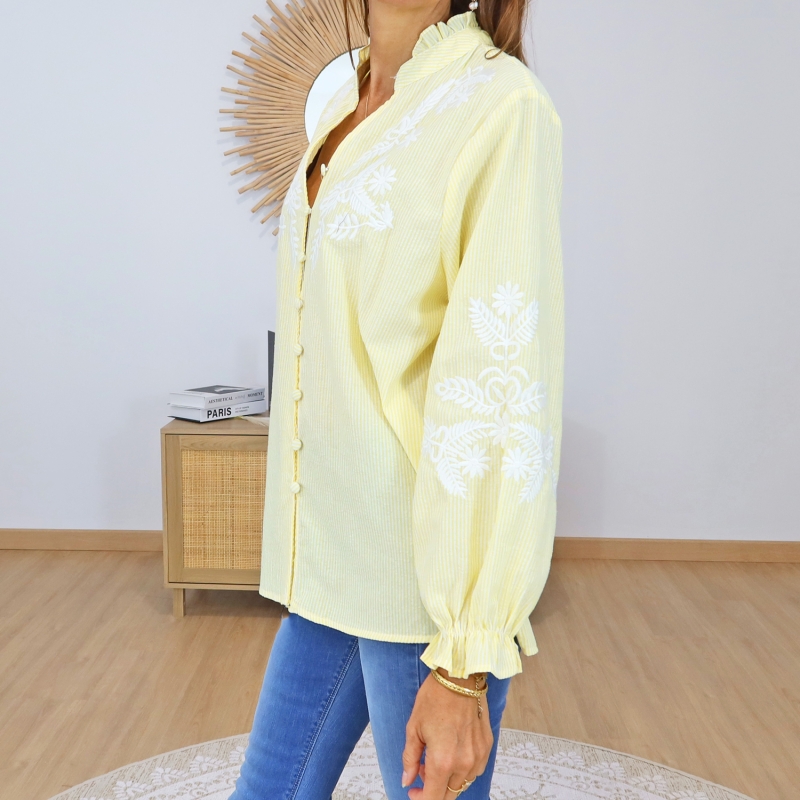 blouse jaune rayée femme col V