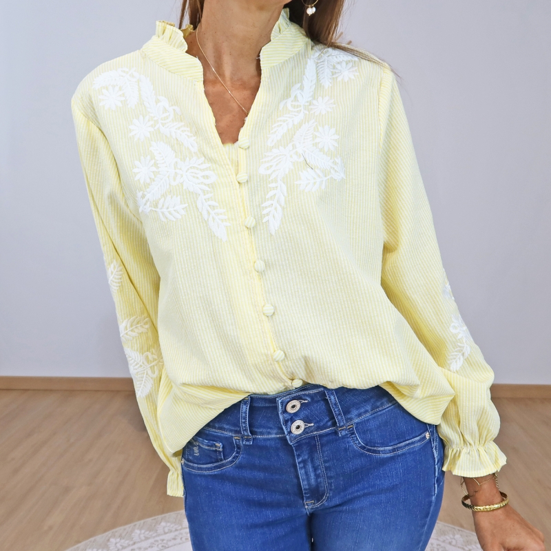 chemisier jaune femme manches brodées