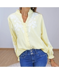chemisier jaune femme manches brodées