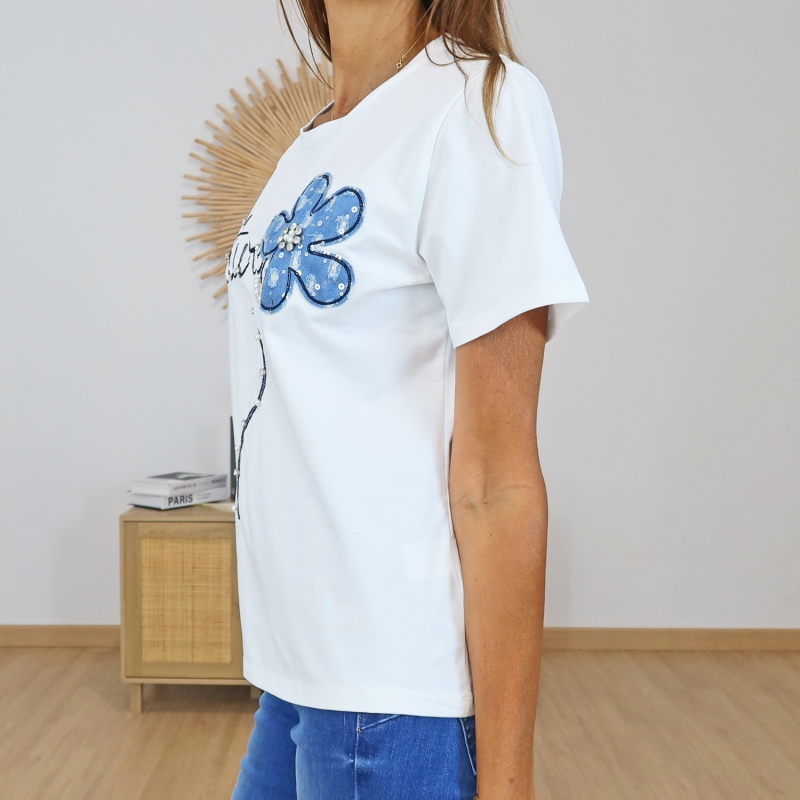t-shirt fantaisie fleur bleue femme