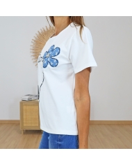 t-shirt fantaisie fleur bleue femme