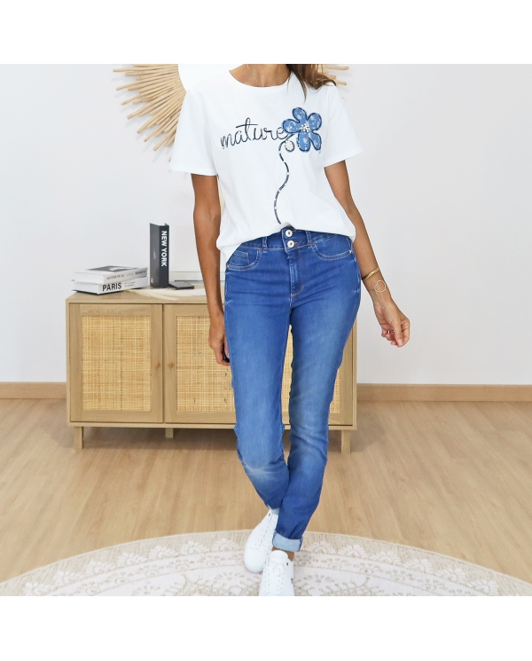 t-shirt femme perles et strass fleur