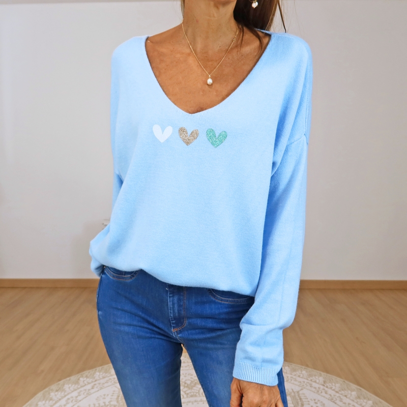 pull bleu ciel femme col v