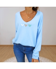 pull bleu ciel femme col v