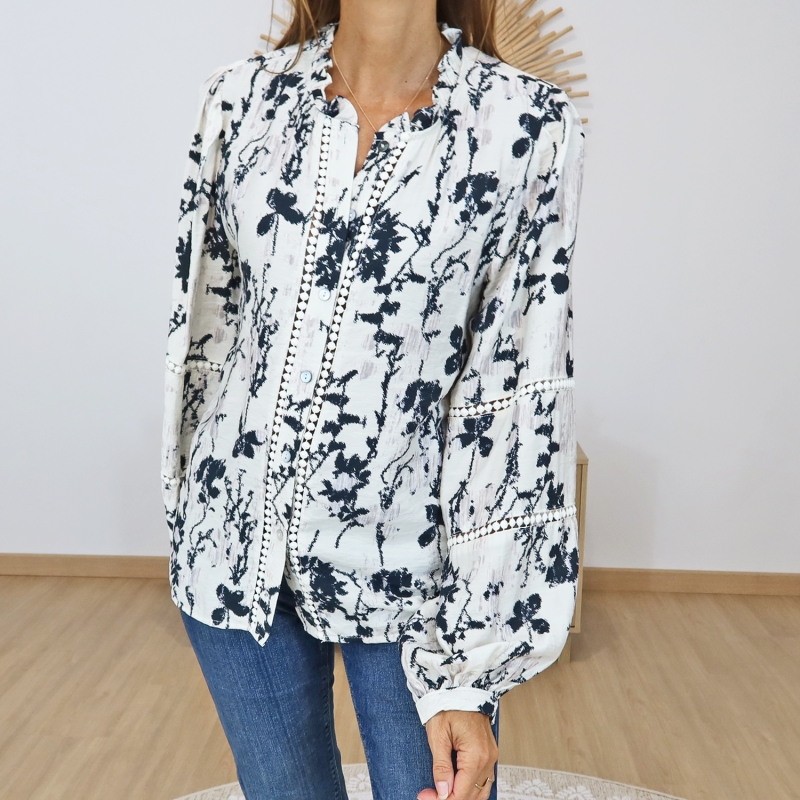 chemisier femme beige motifs marine Clara