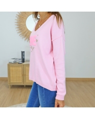 pull femme rose col v message love