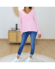 pull femme rose inscription dorée pailletée