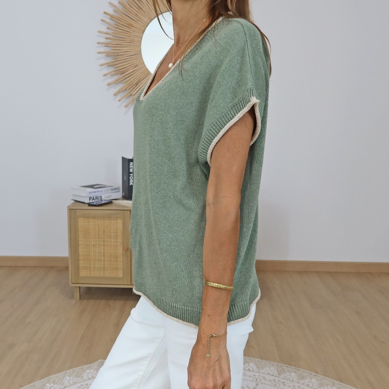 top femme col v kaki lurex