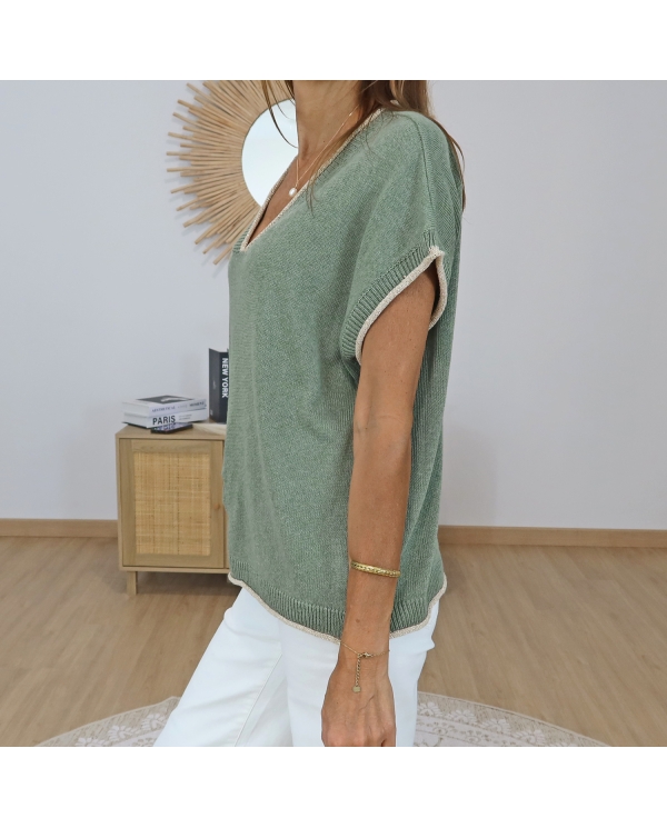 top femme col v kaki lurex