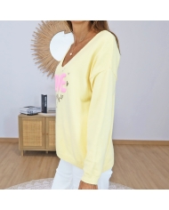 pull femme col v jaune