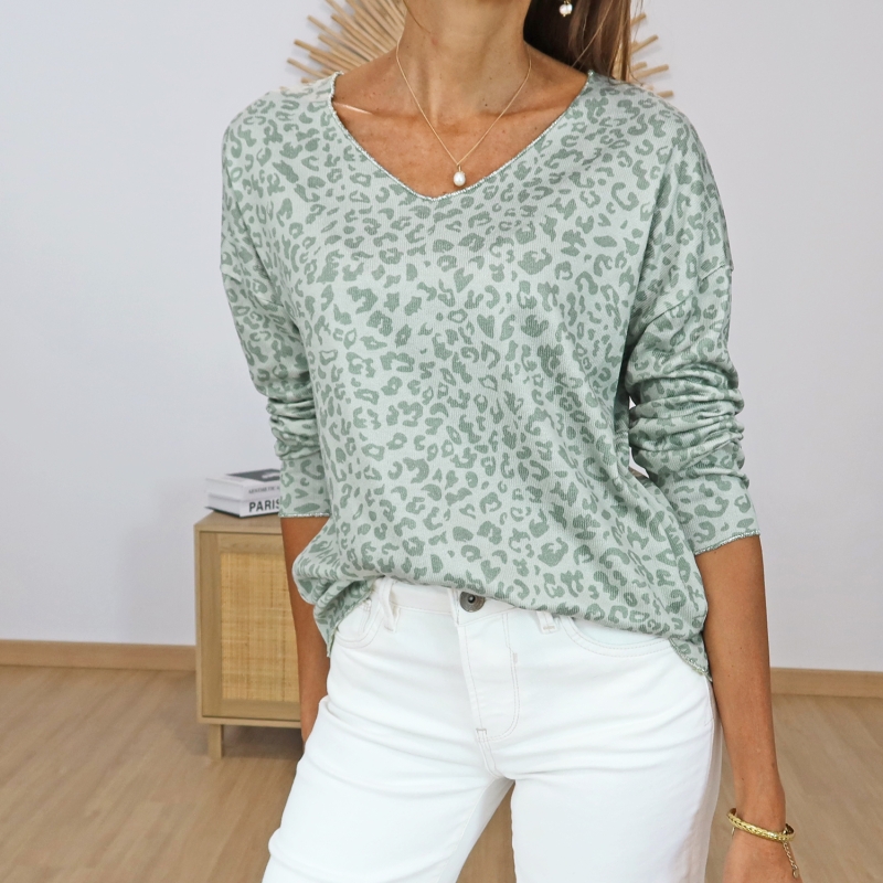 pull femme leopard kaki