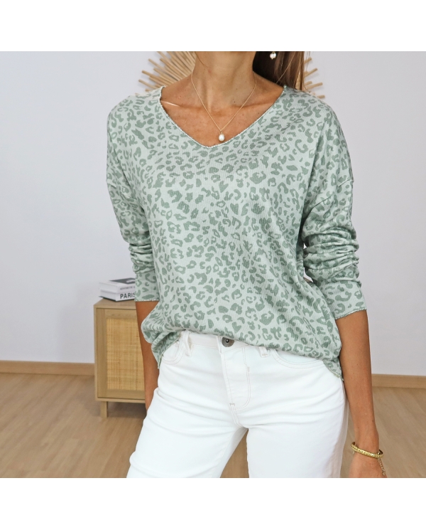 pull femme leopard kaki