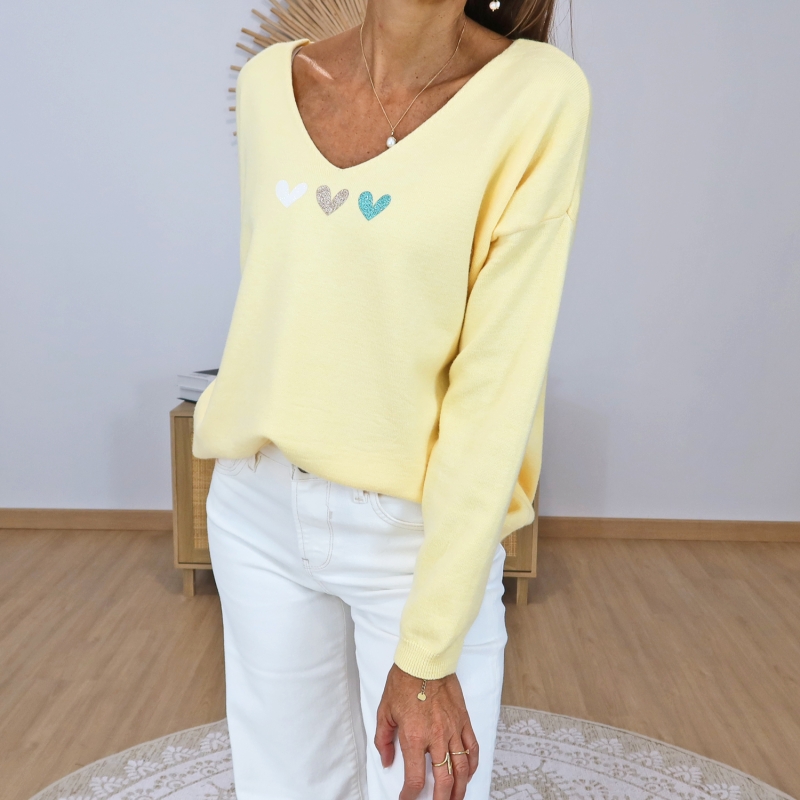 pull femme jaune coeurs pailletes