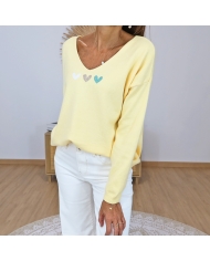pull femme jaune coeurs pailletes