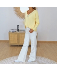 pull femme col v jaune