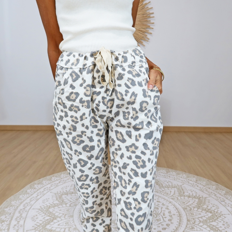 pantalon femme motif leopard beige