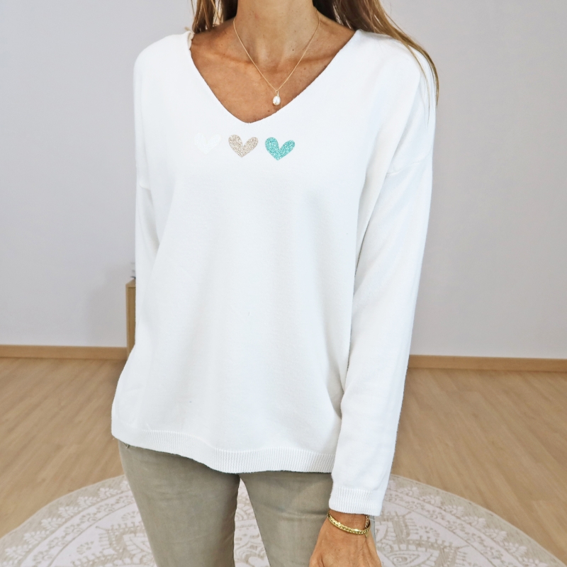 pull femme col v ecru