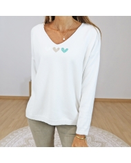 pull femme col v ecru