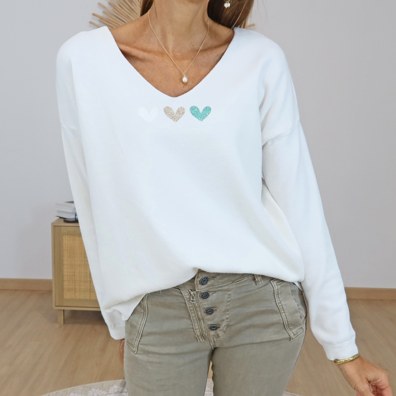 pull femme coeurs paillettes devant