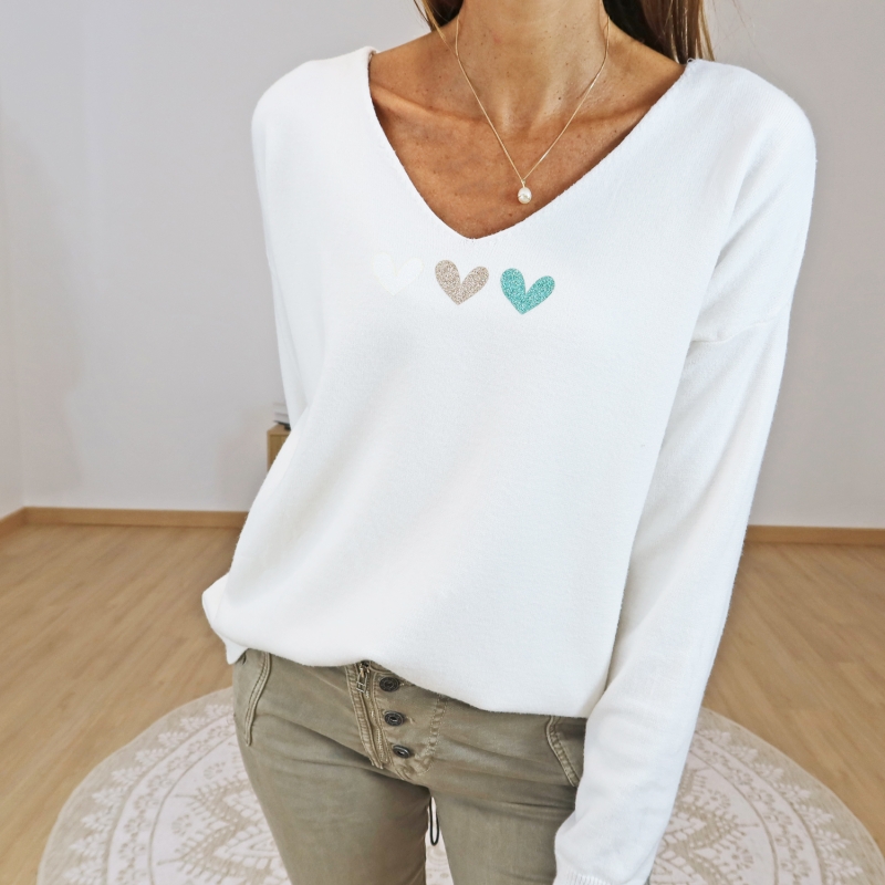 pull femme ecru trois coeurs paillettes