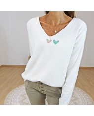 pull femme ecru trois coeurs paillettes