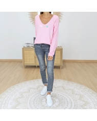 pull femme rose trois coeurs pailletes