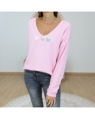 pull femme rose trois coeurs pailletes