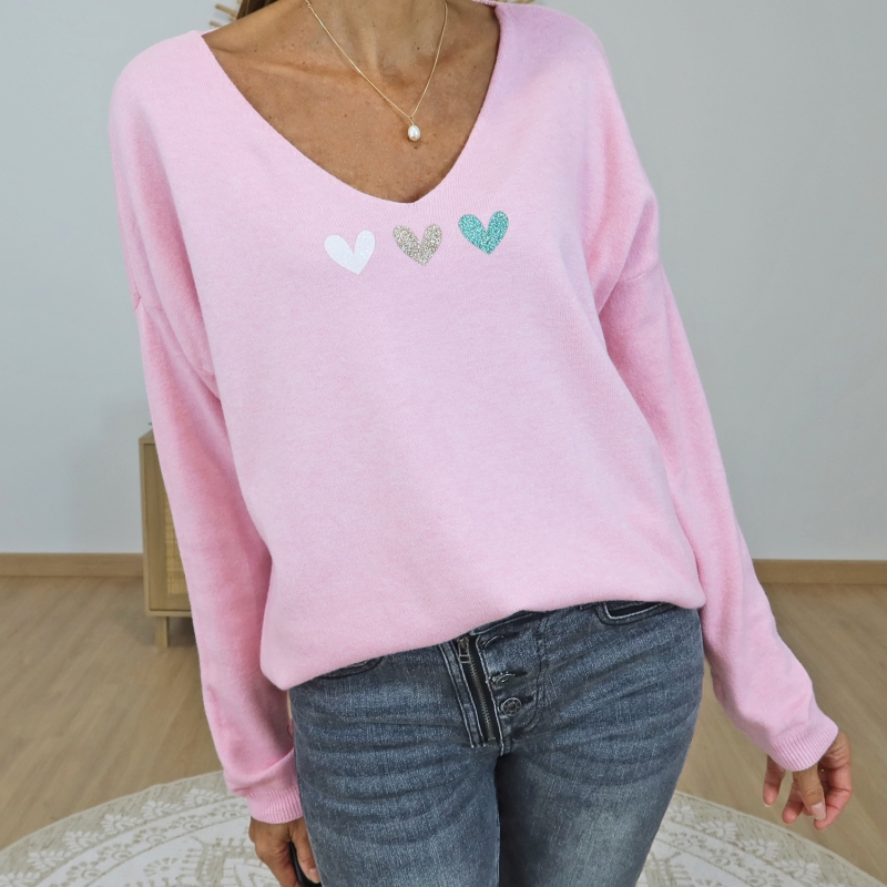 pull femme coeur scintillant