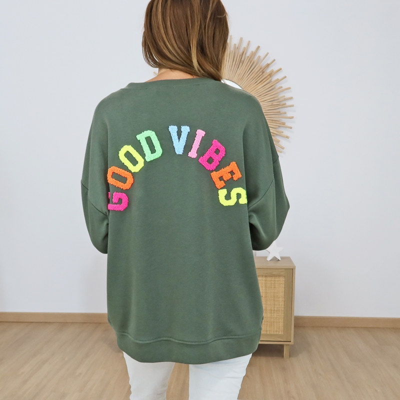 sweat oversize kaki good vibes bouclette multicolore dos
