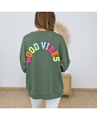 sweat oversize kaki good vibes bouclette multicolore dos