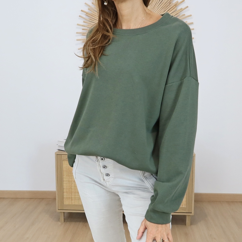 sweat oversize femme kaki col rond vue face