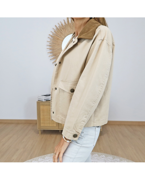 veste femme beige col velours caramel vue face