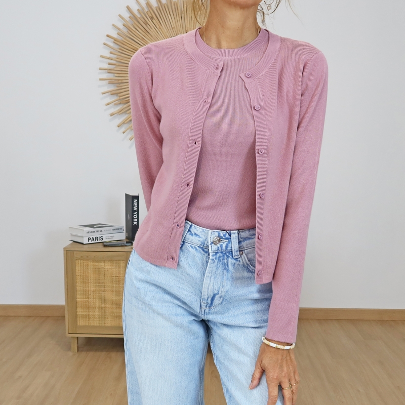 gilet barbie tiffosi vieux rose maille fine porté