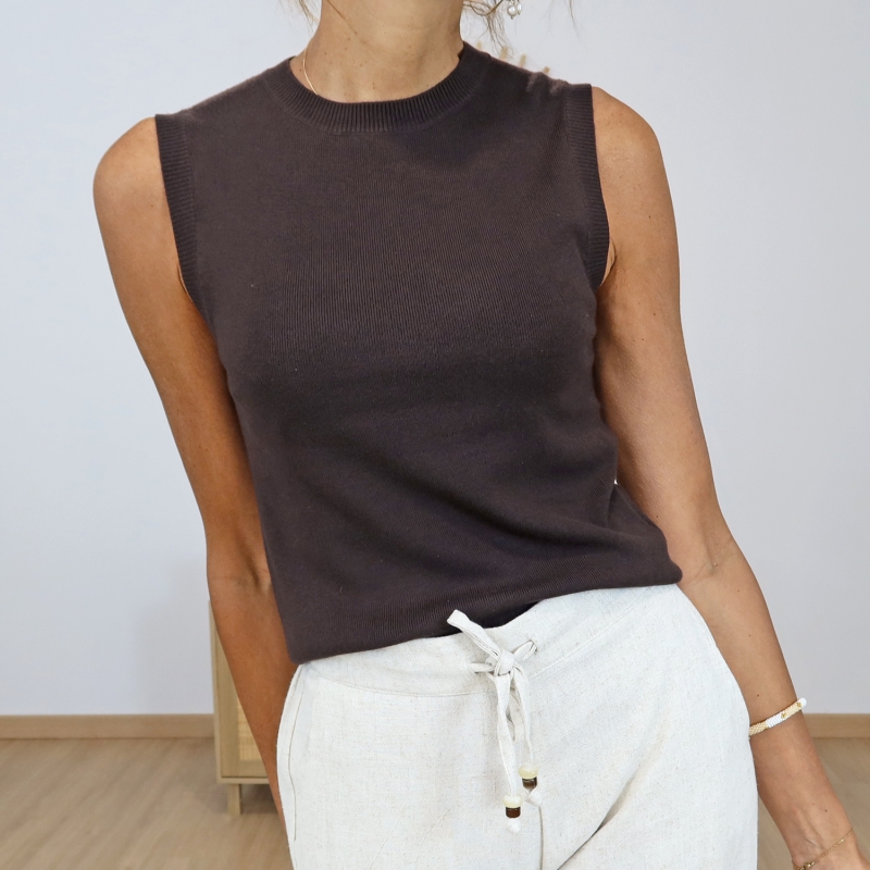 top nancy tiffosi chocolat maille fine porté