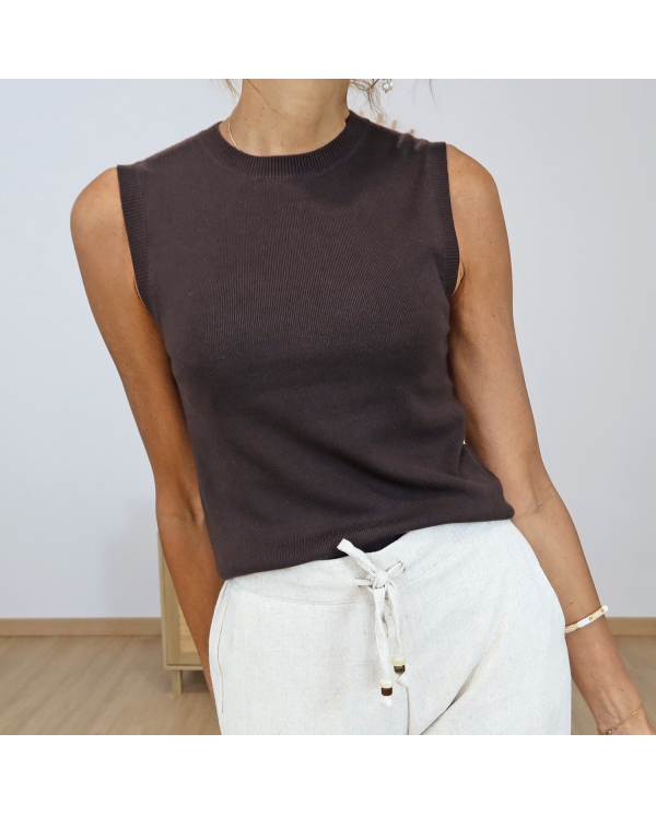 top nancy tiffosi chocolat maille fine porté