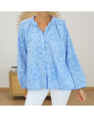 chemisier blossy bleu détail broderie