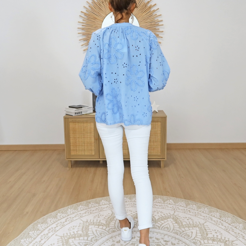 chemisier blossy bleu manches longues