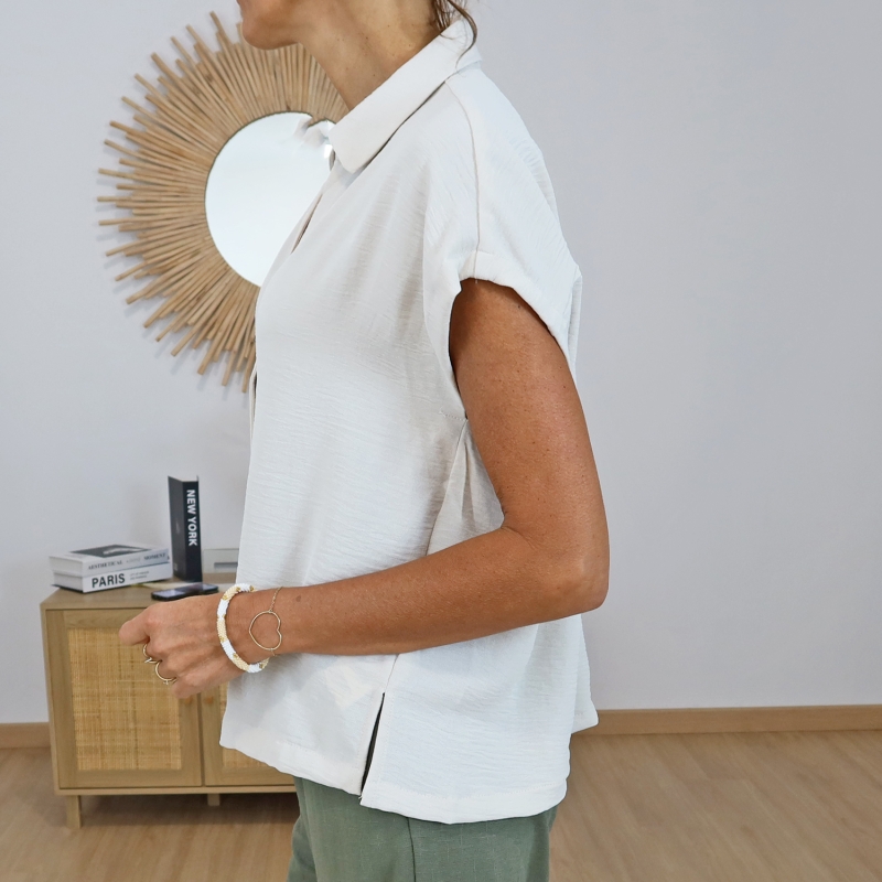 blouse beige fluide manches courtes femme