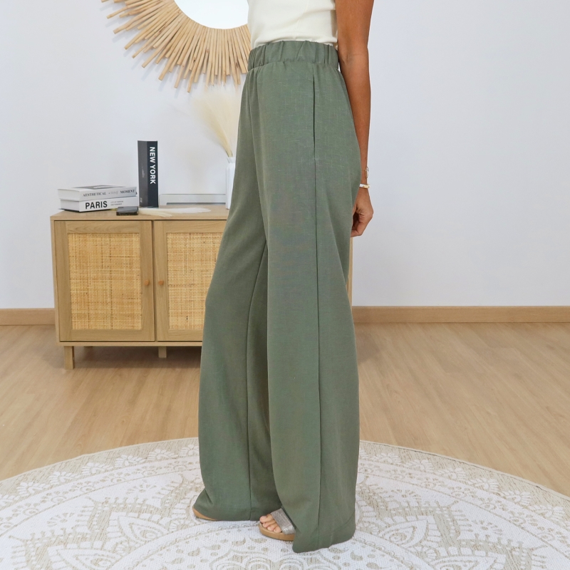 pantalon fluide kaki femme taille elastique