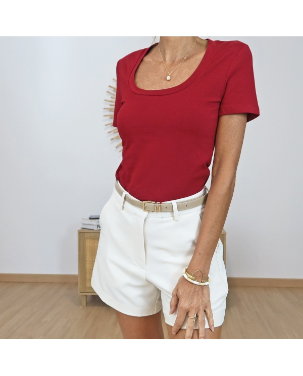 t-shirt femme bordeaux col rond ajuste