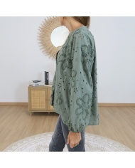chemise femme kaki fleurs ajourees