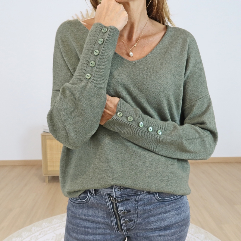 pull fanta kaki femme col v