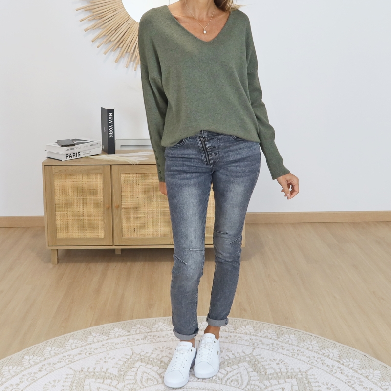 pull fanta kaki femme col v