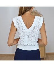 top ecru col v dos femme