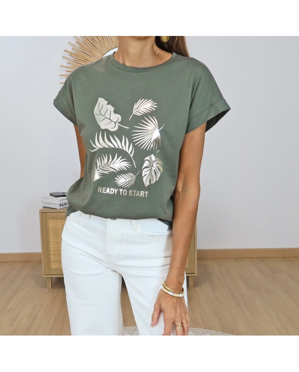 t-shirt kaki imprime dore femme