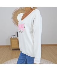 pull femme col v ecru