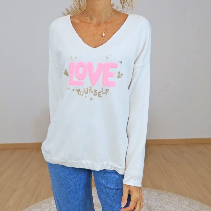 pull ecru inscription rose dore