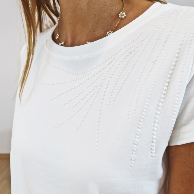 t-shirt blanc perles nacrees femme