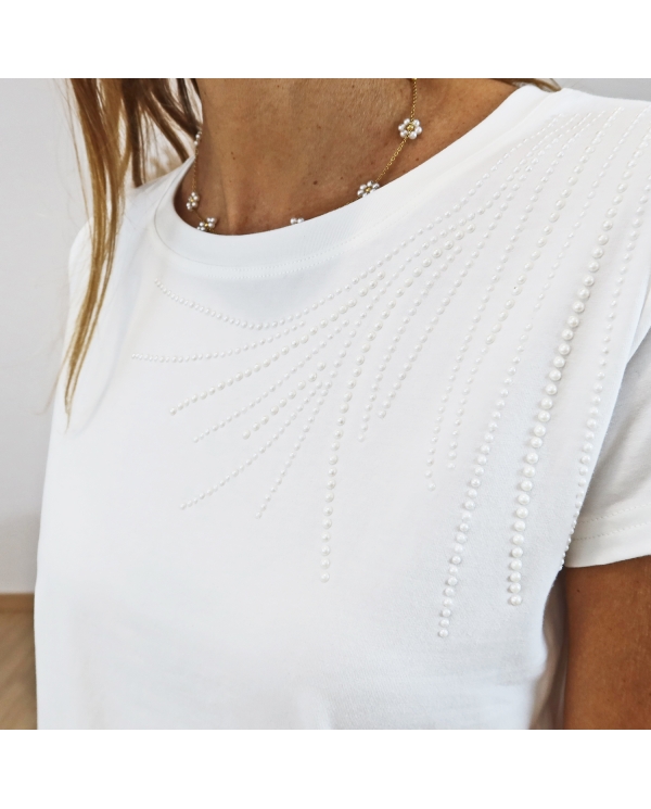 t-shirt blanc perles nacrees femme